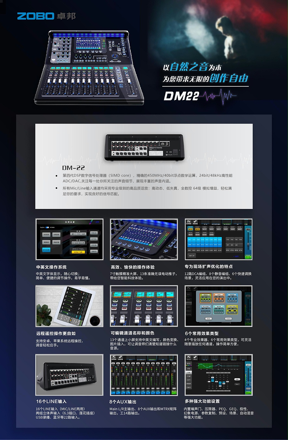 ZOBO第四代DSP數(shù)字信號處理器 DM22數(shù)字調(diào)音臺